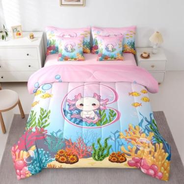 Imagem de Erosebridal Jogo de cama infantil fofo Axolotl com letra C, conjunto completo de 7 peças, para meninas e adolescentes, rosa, azul, oceano, salamandra, com lençol kawaii, desenho kawaii