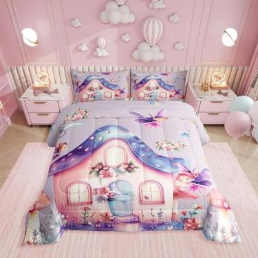 Imagem de Erosebridal Jogo de cama queen com jardim de fadas, borboleta sonhadora, para meninas e crianças, edredom floral rosa fofo, kawaii, flor de cogumelo, decoração de quarto, 2 fronhas, leve