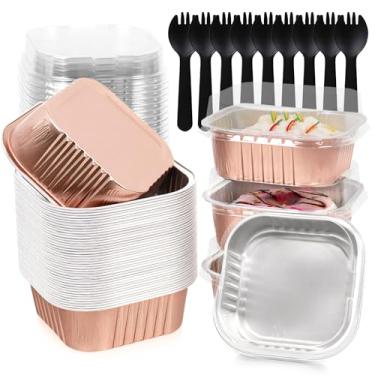 Imagem de 150 peças de mini formas de bolo quadradas com tampas de 283 g, copos pequenos de folha de alumínio, ramequins de estanho de muffin para festa de aniversário de casamento, champanhe