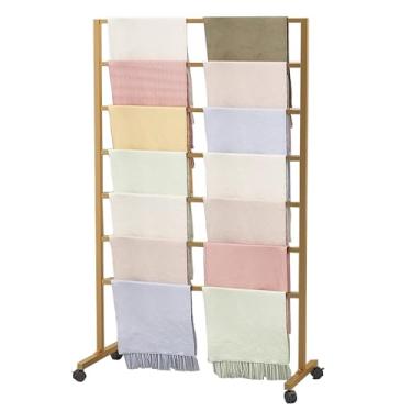 Imagem de pcagfaajmh Suporte de exibição de cachecol de metal com rodas, rack organizador de roupas comerciais móvel independente, prateleira suspensa de 7 camadas (cor: preto, tamanho: 80 x 40 x 145 cm) (ouro