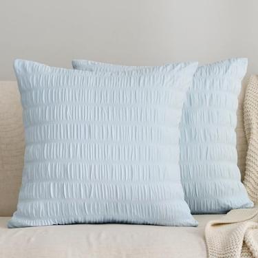 Imagem de JELLYMONI Capa de almofada Seersucker 45,7 x 45,7 cm, pacote com 2 capas de almofada texturizadas com fecho de zíper, fronha decorativa azul claro respirável para cama e sofá elegantes (enchimento não