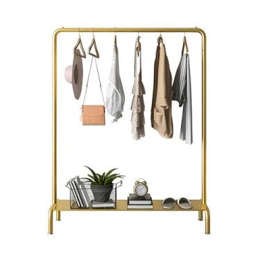 Imagem de Cabide para casacos, cabideiro, cabideiro, dourado, 130/160 cm, tubo de metal, suporte para casacos, saias, suéteres, cachecol, simples com prateleira inferior de armazenamento para corredor, sala de