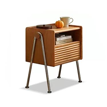 Imagem de CFGH6FDF Armário de cabeceira de madeira com design vintage com pernas de mesa de metal e lateral de prateleira aberta