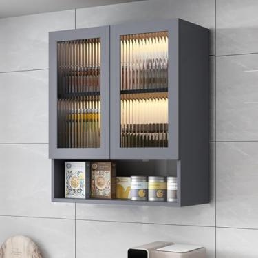 Imagem de Armário de remédios de cozinha de madeira com 2 portas de vidro, armazenamento sobre o vaso sanitário, suporte de exibição de banheiro, armário de despensa suspenso para organização de quarto/cozinha