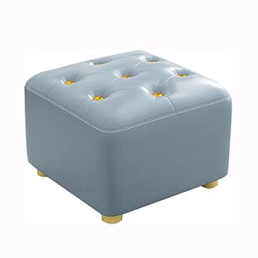 Imagem de Elegante descanso para os pés azul claro com botão dourado, banquinho pequeno de couro para sala de estar e quarto - 30 x 30 x 25 cm (12 x 12 x 10 polegadas)
