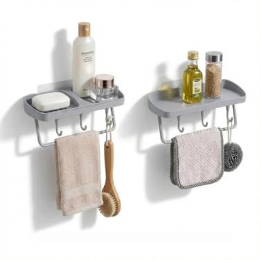 Imagem de Prateleira Multiuso com Ganchos e Fixação Autocolante Sem Furos – Organizador para Cozinha ou Banheiro sem Parafusar