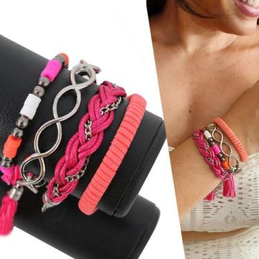 Imagem de Mix C/03 Pulseiras Feminina + Bracelete Fashion Rosa Moda Style - Gran