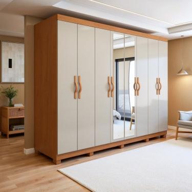 Imagem de Guarda-roupa Casal 8 Portas 6 Gavetas com Espelho e Pés Mdf Serenata Amêndoa Clean/Off White