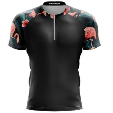Imagem de Camisa Ciclismo Floral Flamingo Curta Preta Unissex Bike Mtb - - Decol