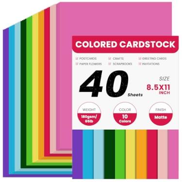Imagem de Cartão colorido com 40 folhas, 180 gsm/29,5 kg, 10 cores, 2,5 x 29,5 cm, papel de cartã...