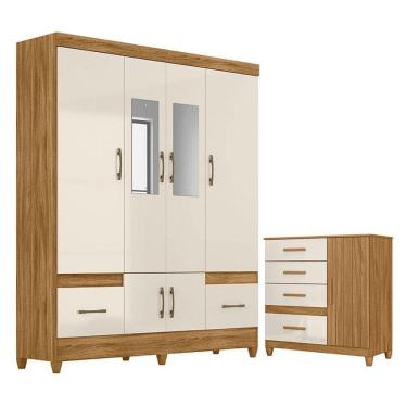 Imagem de Guarda Roupa Casal MS912 com espelho e Cômoda Vênus com pés Freijó Off White – Moval