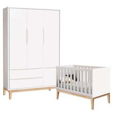 Imagem de Berço Americano e Guarda Roupa Classic 3 Portas Branco com Pés Madeira Natural – Reller