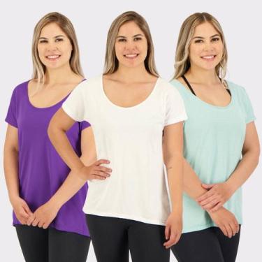 Imagem de Kit 3 Camisetas Selene Dryfit Básica Feminina Branca Azul e Roxa, G