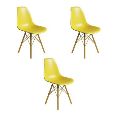 Imagem de Conjunto 3 Cadeiras Eames Estilo Moderno em Ferro Dourado com Assento Amarelo