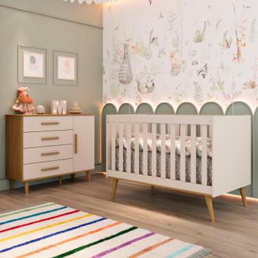 Imagem de Quarto Bebê Retrô Ludmila Berço Americano 3 em 1 Cômoda Infantil Fraldário 100% MDF Off White Carolina Baby