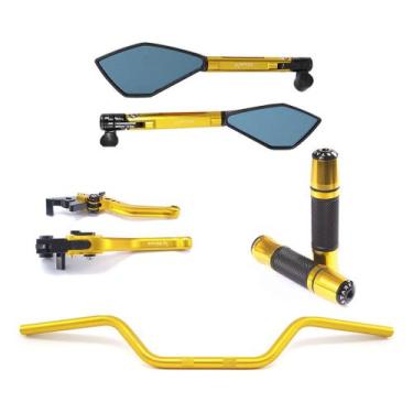Imagem de Kit Guidão Naked Manopla Retrovisor Manete Fazer Xj6 - NoBrand, Dourad