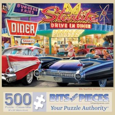Imagem de Bits and Pieces - Quebra-cabeça de 500 peças para adultos - 45,7 cm x 61 cm - Diner Starlite dos anos 50 - Quebra-cabeça de carros clássicos com 500 peças de Larry Jones