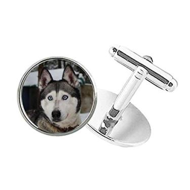 Imagem de DIYthinker Abotoaduras com clipe de botão redondo para fotografia Husky Dog Animal Snow