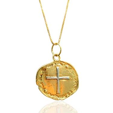 Imagem de Colar Feminino da Medalha Das Duas Cruzes 2cm Banhada A Ouro 18k Semi Joia