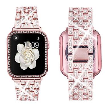 Imagem de Supoix Compatível com Apple Watch Band 45 mm + capa, pulseira de metal de substituição de strass de diamante brilhante e capa protetora de TPU macio para iWatch Series 7/8 (rosa rosa)