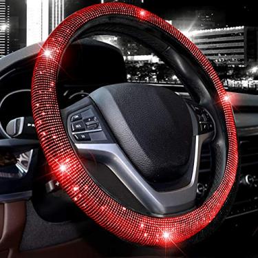 Imagem de Capa de volante ValleyComfy para mulheres com diamante de cristal cintilante brilhante para carro SUV protetor de roda ajuste universal de 38 cmValleycomfy M(14"1/2-15"1/4) vermelho fxyf