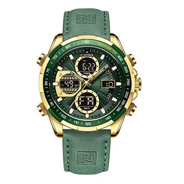 Imagem de NAVIFORCE Relógio de pulso masculino militar digital analógico de quartzo à prova d'água esportivo multifuncional de couro, Dourado + verde, Tendência