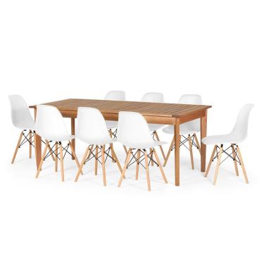 Imagem de Conjunto Mesa de Jantar Retangular em Madeira Maciça 186cm com 8 Cadeiras Eames Eiffel - Branco