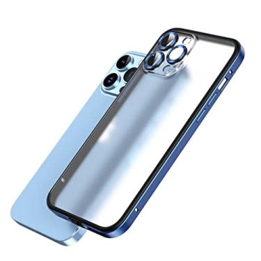 Imagem de FIRSTPELLA Compatível com capa para iPhone 13 Pro MAX, capa de telefone testada contra queda de grau MIL com protetor de câmera, traseira fosca translúcida com moldura de liga de alumínio capa antiarranhões - azul