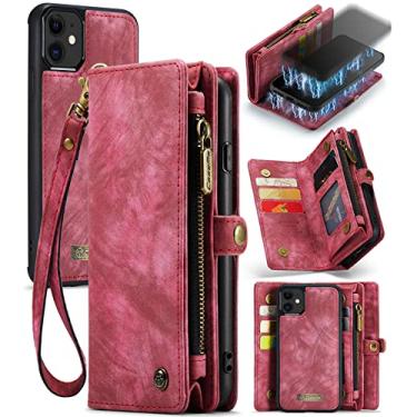 Imagem de ZORSOME Capa carteira para iPhone 11,2 em 1 destacável de couro premium PU com 8 compartimentos para cartões, bolsa magnética com zíper, alça de pulso para mulheres, homens e meninas, vermelha