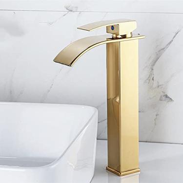 Imagem de Torneira da pia da bacia em cascata Torneiras pretas Torneiras de banho de latão Misturador de água quente e fria Torneira vaidade Torneiras de lavatório montadas no convés, douradas planas