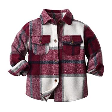 Imagem de Zanjkr Camisetas íntimas de manga comprida para meninos e crianças, camisa de lã de flanela, jaqueta xadrez lapela com botões para bebês meninos roupas de outono (vinho, 3-4 anos)