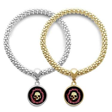 Imagem de DIYthinker Bracelete de crânio redondo realista para amante de Halloween, pingente, joia para presente de casal