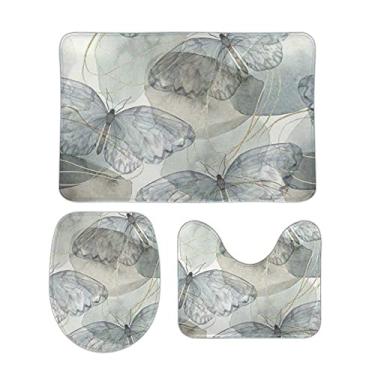 Imagem de Top Carpenter Conjunto de 3 peças antiderrapante de tapetes para banheiro com borboletas e linhas douradas em tapete branco macio + capa para tampa de vaso sanitário + tapete para decoração de banheiro