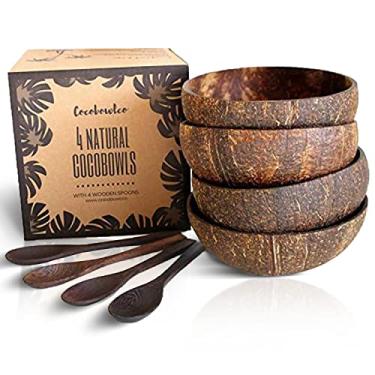Imagem de COCOBOWLCO Conjunto de tigelas de coco com colheres de madeira – Tigelas de açaí ecológicas, tigelas de iogurte e tigela de smoothie – ideal para cremes ninja e café da manhã saudável (4, natural)