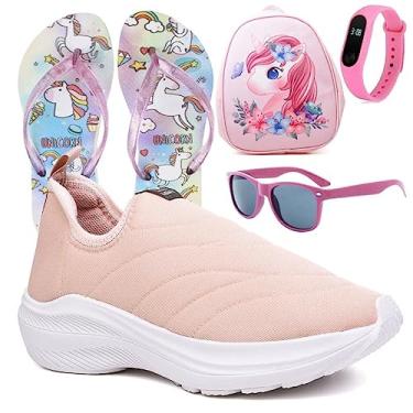 Imagem de Tenis Infantil Meninas Calce Facil Leve Tipo Meia + Mochila Chinelo Oculos Relogio Cor:Rosa;Tamanho:34