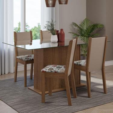Imagem de Conjunto Sala de Jantar Mesa Tampo de Vidro 4 Cadeiras Rustic/Crema/Floral Hibiscos Yara Madesa