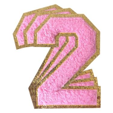 Imagem de 3 peças de remendos de número de chenille rosa glitter ferro em remendos de letras Varsity Remendos bordados de chenille costurar em remendos para roupas chapéu bolsas jaquetas camisa (rosa, 2)