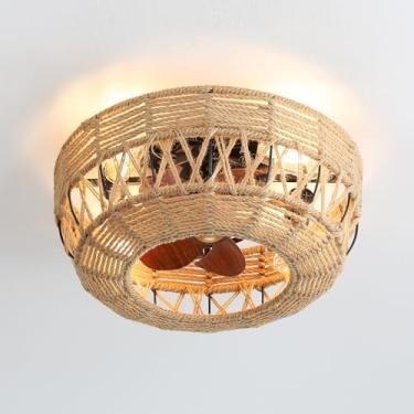 Imagem de Ventiladores de teto de 19,7" com luzes e controle remoto, luz de ventilador de teto de casa de fazenda com tecelagem de corda de cânhamo, montagem embutida Ventiladores de teto reversíveis