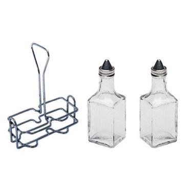 Imagem de 170 g. (Ounce) Óleo de mesa e Vinegar Cruet frasco de vidro recipiente de cruets com suporte de carrinho cromado, duas (2) garrafas de cruet