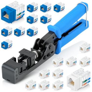Imagem de Everest easyJACK - Conjunto de ferramentas Keystone de terminação de velocidade angular de 90° - com 20 pacotes de conectores RJ45 Slim Profile Cat6 Keystone (10 azuis e 10 brancos) - Ferramenta de
