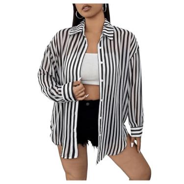 Imagem de MakeMeChic Blusa feminina de chiffon plus size com botões de manga comprida e botão, Preto e branco, 4G