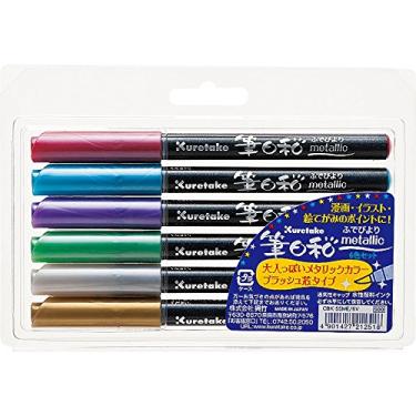 Imagem de Kuretake Conjunto de canetas ZIG FUDEBIYORI com 6 cores metálicas, perfeitas para letras, ilustrações em papéis escuros, arte, caligrafia, design, diário, qualidade de arquivo, inodoro, ponta de