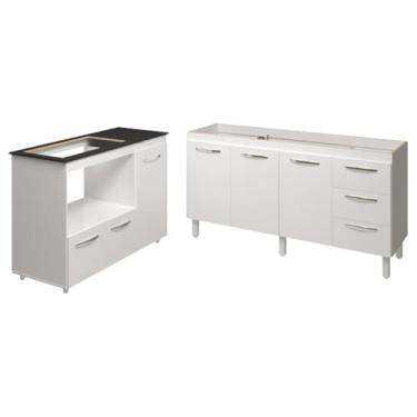 Imagem de Mobília Decor, Balcão Cozinha Gabinete de Pia 160 cm Estela e Balcão Para Fogão Cooktop 5 Bocas e Forno Elétrico Alana Branco