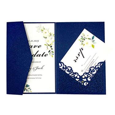 Imagem de 25 peças 12,7 cm x 18,5 cm azul marinho papel pérola videira três dobras cartões de convites de casamento corte a laser bolso vertical entalhe oco convites de saudação cobre apenas sem envelope sem