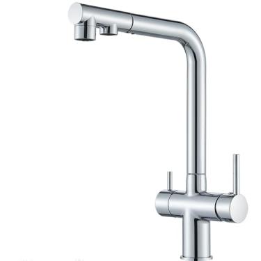 Imagem de Torneira de pia de cozinha filtrada com puxador para baixo 2 alças 3 em 1 filtro de água purificador torneira de água potável, cromado