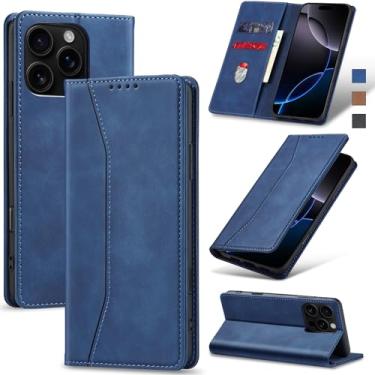 Imagem de Jasonyu Flip Carteira Capa para iPhone 16 Pro Max,Capinha Folio Magnética de Couro com Suporte para Cartão,Suporte para Chute - Protetora Durável de TPU à Prova de Choque para Telefone,Azul