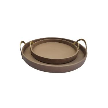 Imagem de Conjunto 2 Bandejas Decorativas Madeira Revestidas em Couro Sintético Marrom TH0103 BTC