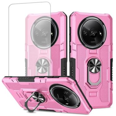Imagem de Ueokeird Capa para Xiaomi Redmi A3, capa 23129RN51X com protetor de tela de vidro temperado, proteção resistente com anel de metal suporte magnético capa de telefone para Xiaomi Redmi A3 rosa