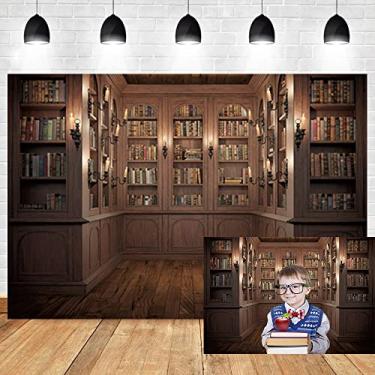 Imagem de OERJU Estante de madeira vintage de 2,7 x 1,8 m, estante interna, biblioteca escolar, sala de estudo, pano de fundo para escritório, para videoconferência, vintage, festa, vinil, sessão de vídeo on-line