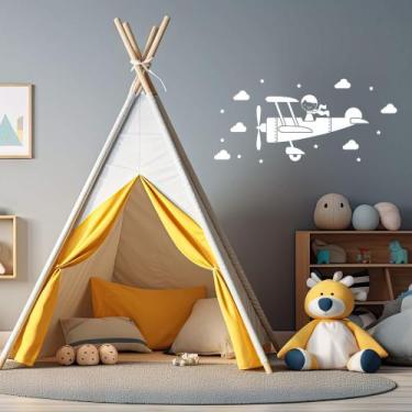 Imagem de Adesivo de Parede Avião Piloto Nuvens e Estrelas Decoração Quarto Meni